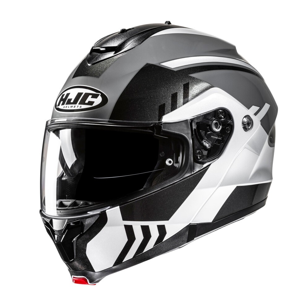 Black and silver HJC C91N Kaon flip front motorcycle helmet featuring a sleek design, clear visor, and aerodynamic shape, ideal for riders seeking style and safety.