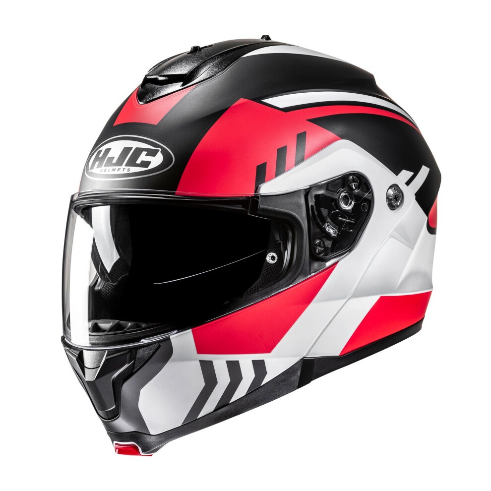 Red and black HJC C91N Kaon flip front motorcycle helmet with a glossy finish, featuring a tinted visor, aerodynamic design, and distinctive graphic patterns.