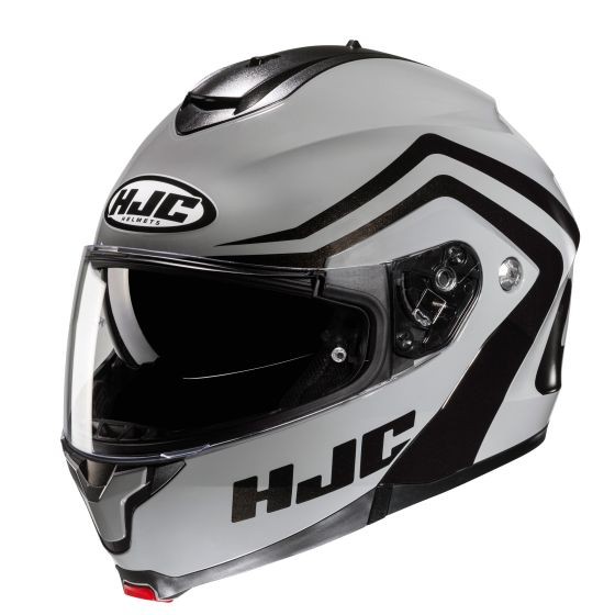 Silver and black HJC C91N Nepos flip-up motorcycle helmet featuring a glossy finish, integrated visor, and sleek aerodynamic design.