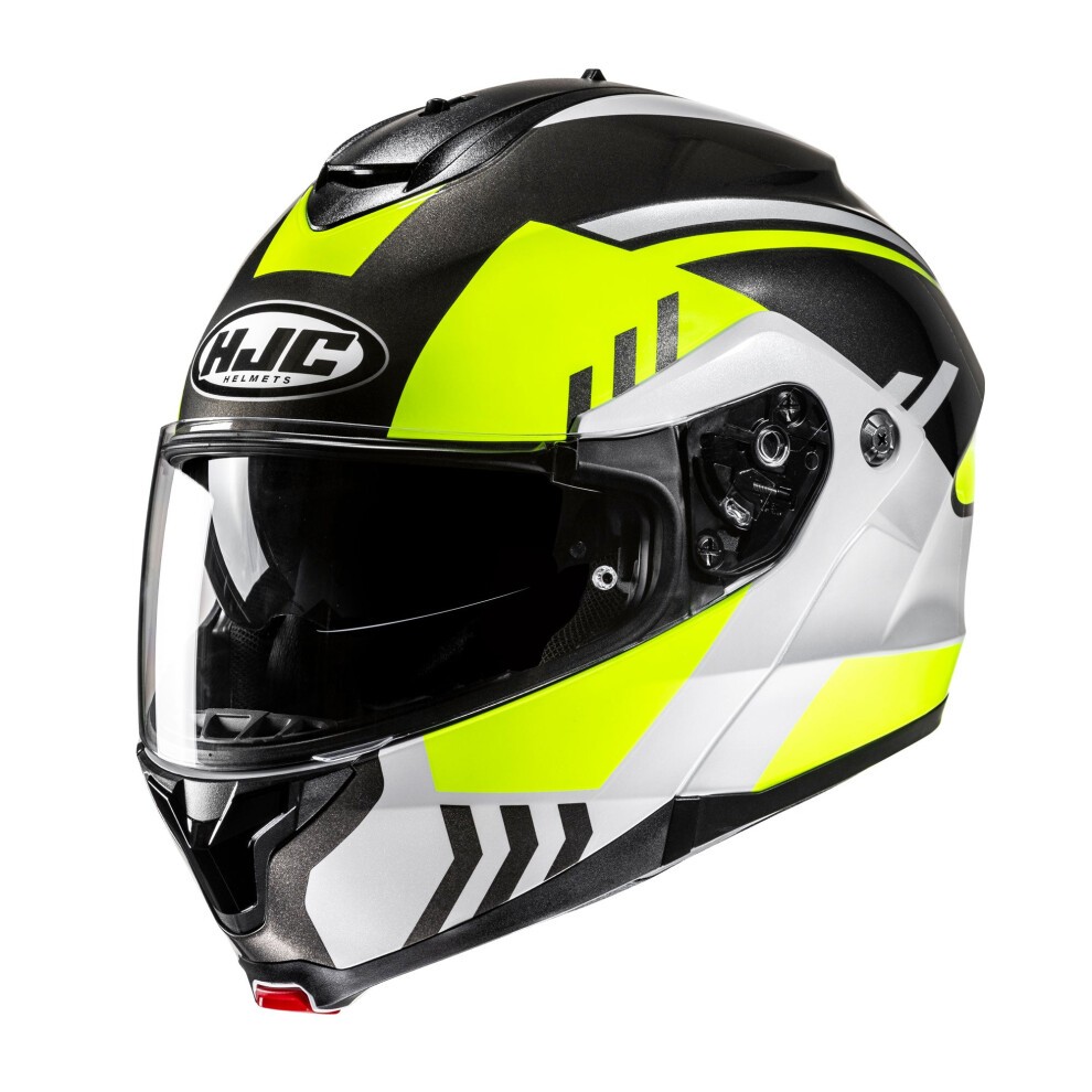 XL HJC C91N Kaon flip-up helmet in black, yellow, and white, featuring a sleek aerodynamic design, a clear visor, and ventilation ports for enhanced airflow.