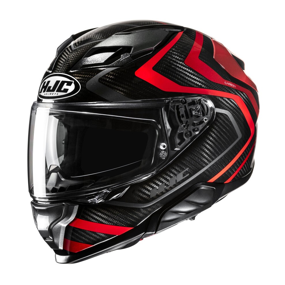 HJC F71 Carbon Nevio motorcycle helmet in black and red, featuring a sleek aerodynamic design, a clear visor, and carbon fiber material for lightweight durability.