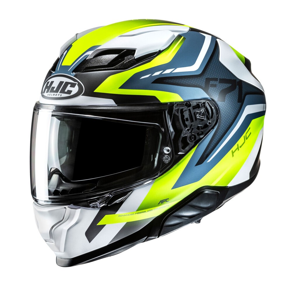 Full face motorcycle helmet in yellow, black, and blue with a sleek aerodynamic design, featuring a tinted visor and ventilation ports for enhanced airflow.