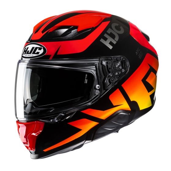 Red and black full-face motorcycle helmet featuring a sleek design, glossy finish, large visor, and prominent HJC branding on the side.