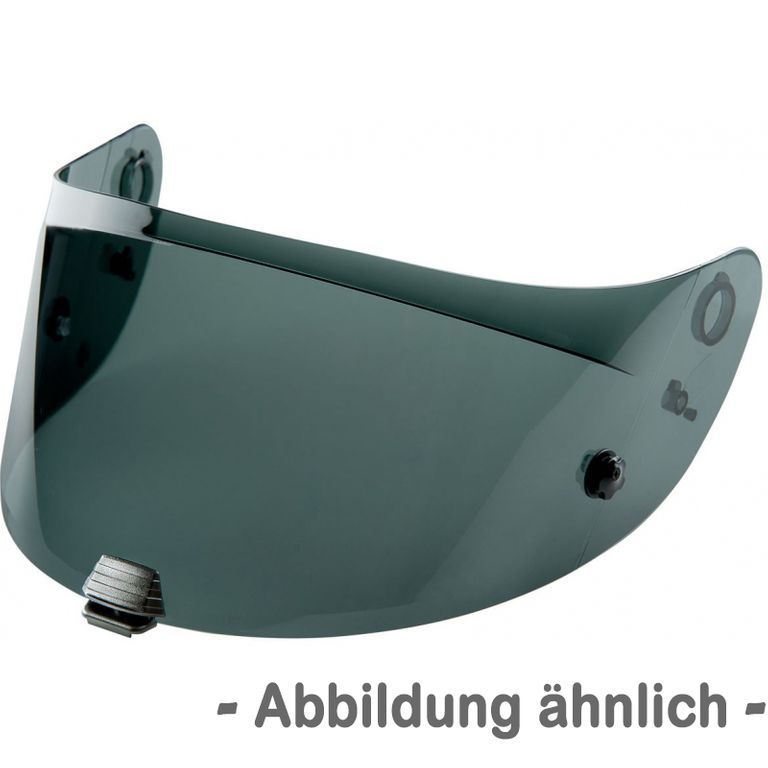 Dark smoke visor for HJC helmets, featuring a sleek, curved design, made of durable material, and designed to be Pinlock ready with attachment points visible.