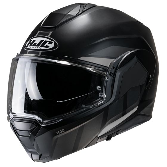 Black matte flip front motorcycle helmet with a clear visor, featuring aerodynamic design and HJC branding, ideal for comfort and safety on the road.