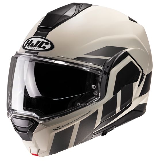 HJC I100 Beis Flip Front Motorcycle Helmet in brown and cream, featuring a sleek aerodynamic design, large visor, and advanced ventilation system.