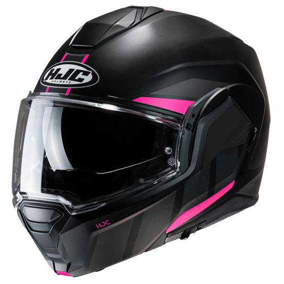 Black motorcycle helmet with glossy finish, featuring pink accents, a flip front design, and a clear visor, labeled with the HJC logo.