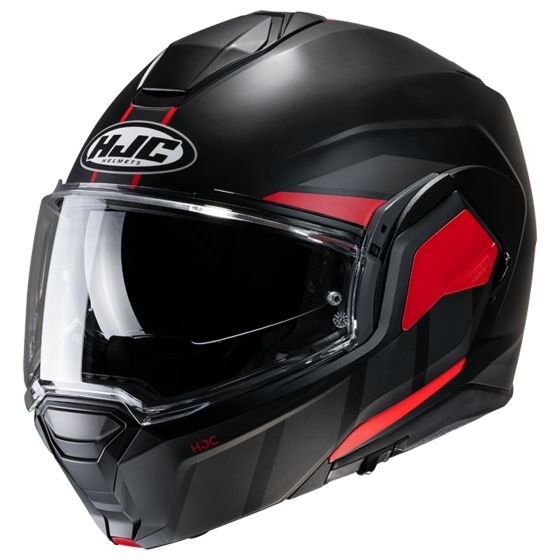 HJC I100 Beis Flip Front Motorcycle Helmet in matte black with red accents, featuring a clear visor, aerodynamic design, and a comfortable interior lining.