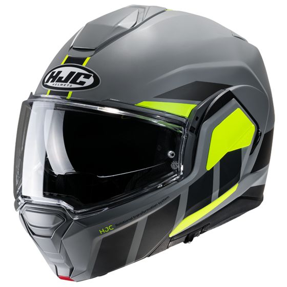 HJC I100 Beis Flip Front Motorcycle Helmet in gray with yellow accents, featuring a clear visor, aerodynamic design, and advanced ventilation system, size XS.