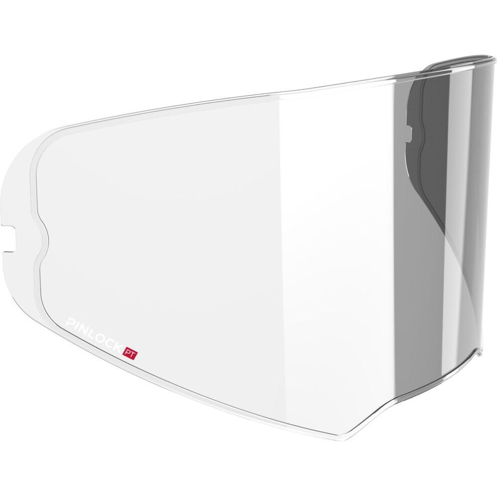 Clear, curved visor lens with a slight tint, featuring the "PINLOCK PT" logo in red, designed for HJC helmets, providing anti-fog protection and a wide field of vision.