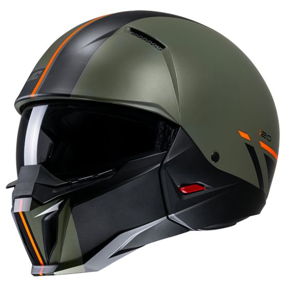 HJC I20 Batol Convertible Motorcycle Helmet in matte green with black and orange accents, featuring a sleek design, adjustable visor, and integrated ventilation.