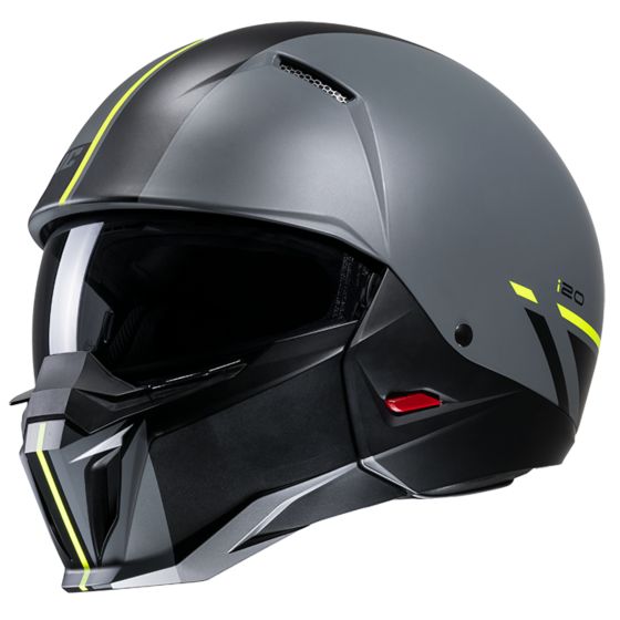 HJC I20 Batol Convertible Motorcycle Helmet in gray with yellow accents, featuring a sleek aerodynamic design, integrated visor, and ventilation openings for enhanced airflow.