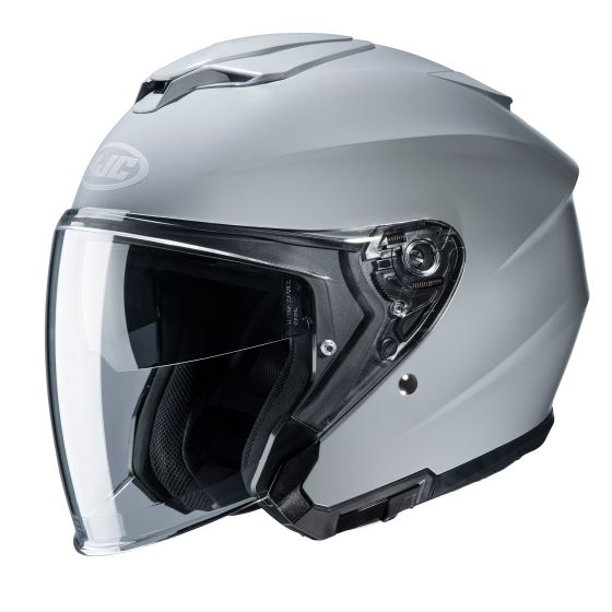 HJC I30NGM open face motorcycle helmet in Nardo Grey, featuring a sleek design, clear visor, and comfortable interior padding for enhanced safety and style.