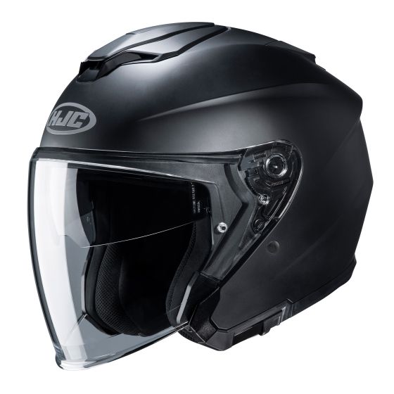 Matt black open face motorcycle helmet by HJC, model I30MBXS, featuring a clear visor, sleek design, and comfortable interior padding.