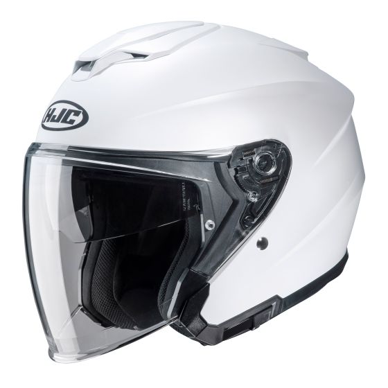 White open face motorcycle helmet with a glossy finish, featuring a clear visor, adjustable vents, and padded interior, designed for comfort and safety in size XL.