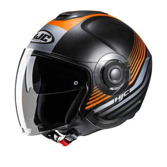 Open face helmet in black with orange and gray stripes, featuring a clear visor, padded interior, and HJC branding on the side.