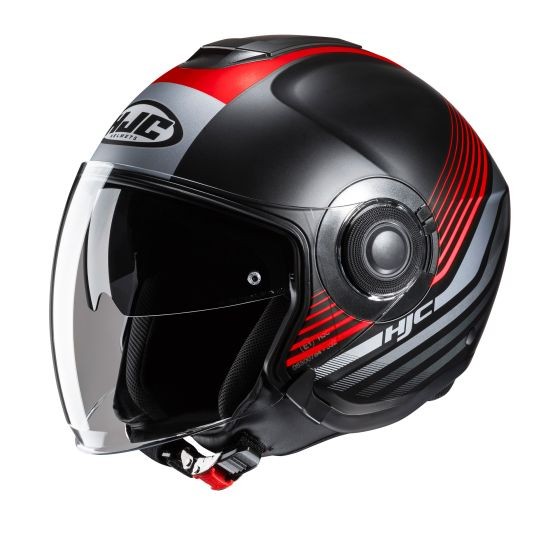 Red and black HJC I40N Dova open face helmet featuring a glossy finish, a clear visor, and a sleek design with distinctive red stripes and an integrated speaker system.