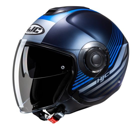 Blue open face helmet with a glossy finish, featuring black and blue stripes, a clear visor, and a built-in speaker system, designed for motorcycle use.