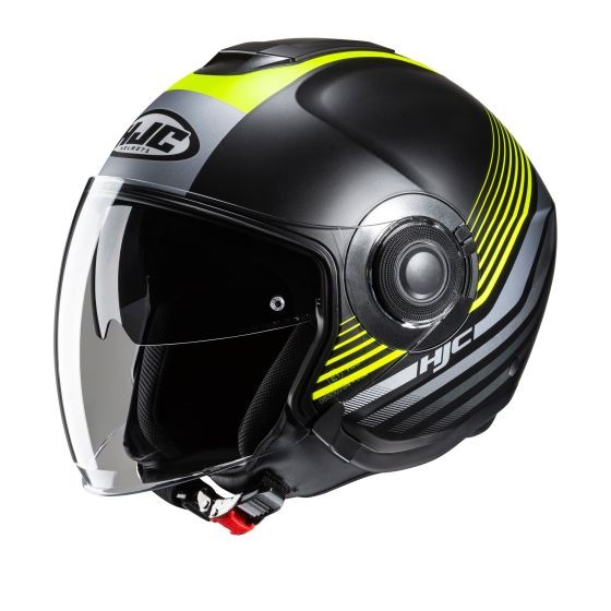 Open face helmet in black with yellow and gray accents, featuring a clear visor, adjustable chin strap, and a sleek aerodynamic design, ideal for motorcycling.