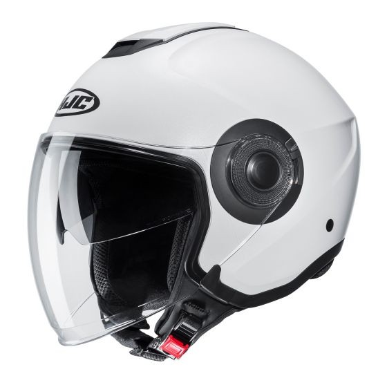 Pearl white HJC I40N open face helmet featuring a clear visor, black accents, a comfortable interior lining, and a secure chin strap.