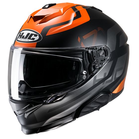 HJC I71 Enta motorcycle helmet in black and vibrant orange, featuring a sleek aerodynamic design, a clear visor, and ventilation ports for enhanced airflow.