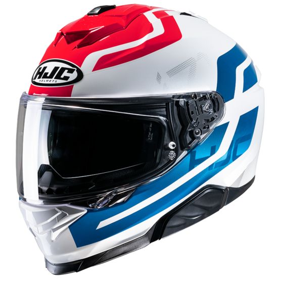 HJC I71 Enta motorcycle helmet in white with red and blue accents, featuring a clear visor, aerodynamic design, and ventilation ports for enhanced airflow.