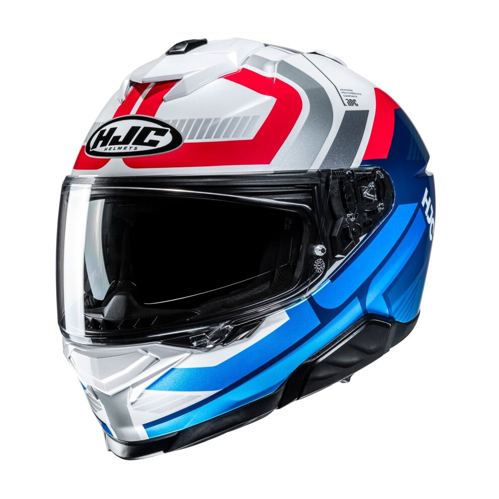Full face motorcycle helmet featuring a sleek design in white, red, and blue, with a glossy finish, large visor, and ventilation ports for enhanced airflow.
