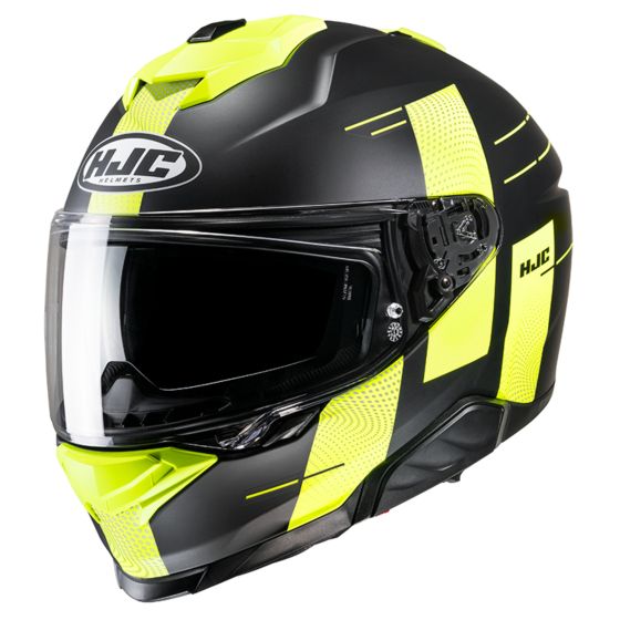 Black and yellow HJC I71 Peka motorcycle helmet with a glossy finish, featuring a clear visor, ventilation slots, and a sleek aerodynamic design.