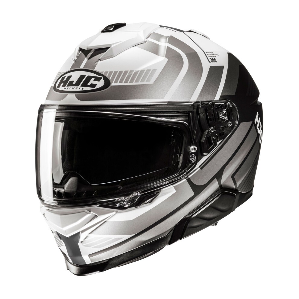 Black and silver full face motorcycle helmet featuring a sleek design, clear visor, and ventilation ports, with HJC branding on the front.