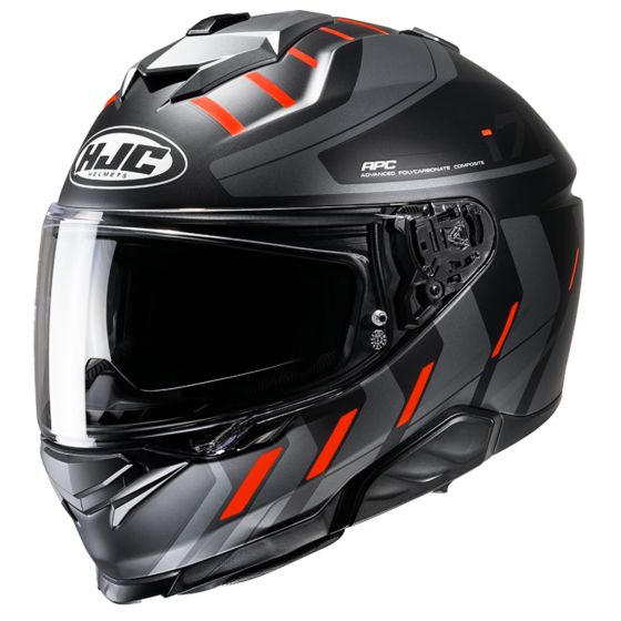HJC I71 Simo motorcycle helmet in orange and black, featuring a sleek aerodynamic design, tinted visor, and ventilation ports for enhanced comfort.