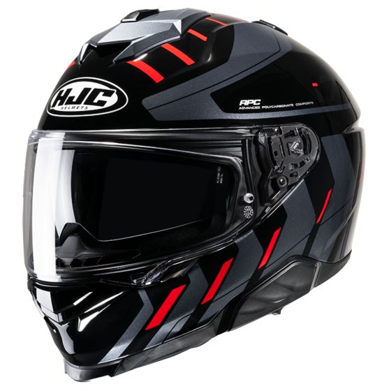 HJC I71 Simo motorcycle helmet in red and black with a sleek aerodynamic design, featuring a tinted visor, ventilation ports, and a glossy finish, sized XXL.