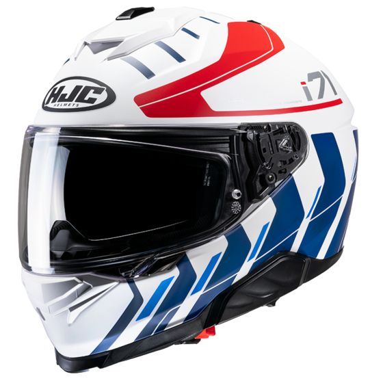 HJC I71 Simo motorcycle helmet in XL size, featuring a glossy white shell with red and blue graphic accents, a tinted visor, and aerodynamic design for enhanced performance.