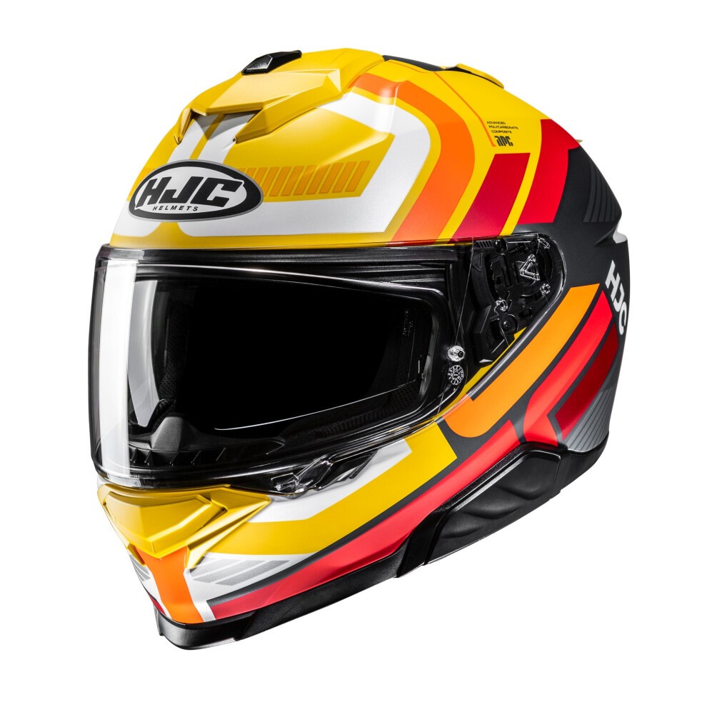HJC I71 Viz Full Face Helmet in vibrant yellow with red and orange graphics, featuring a clear visor and aerodynamic design, made from durable materials for safety and comfort.