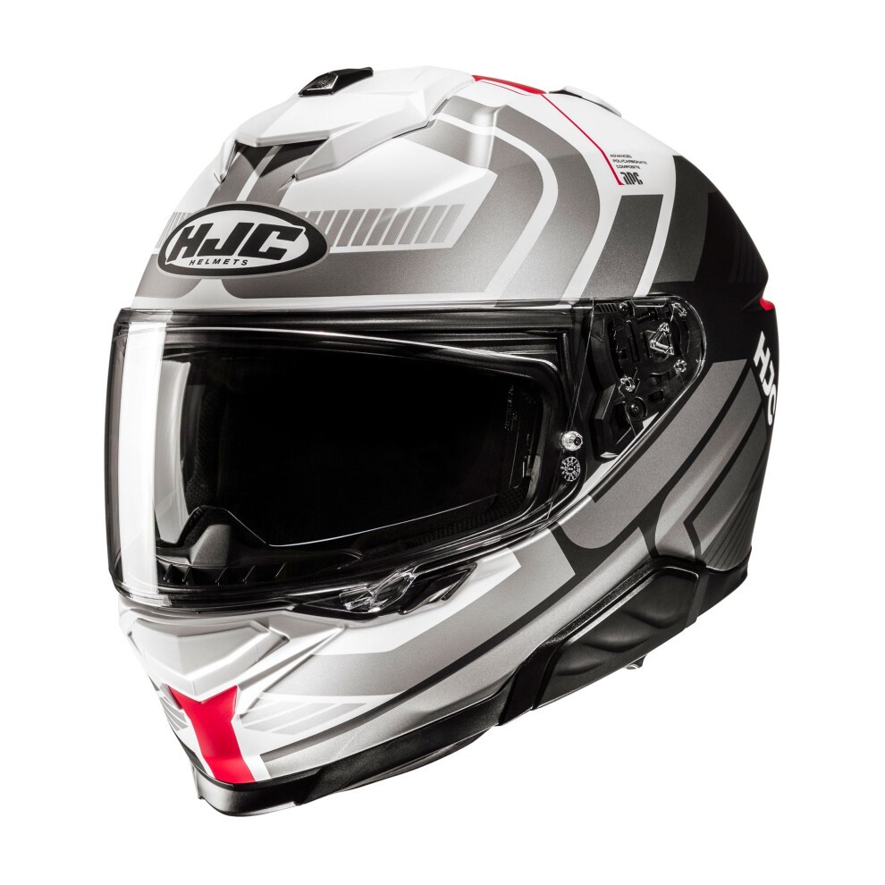 Red and silver full-face motorcycle helmet with a sleek aerodynamic design, featuring a tinted visor, ventilation ports, and HJC branding on the front.
