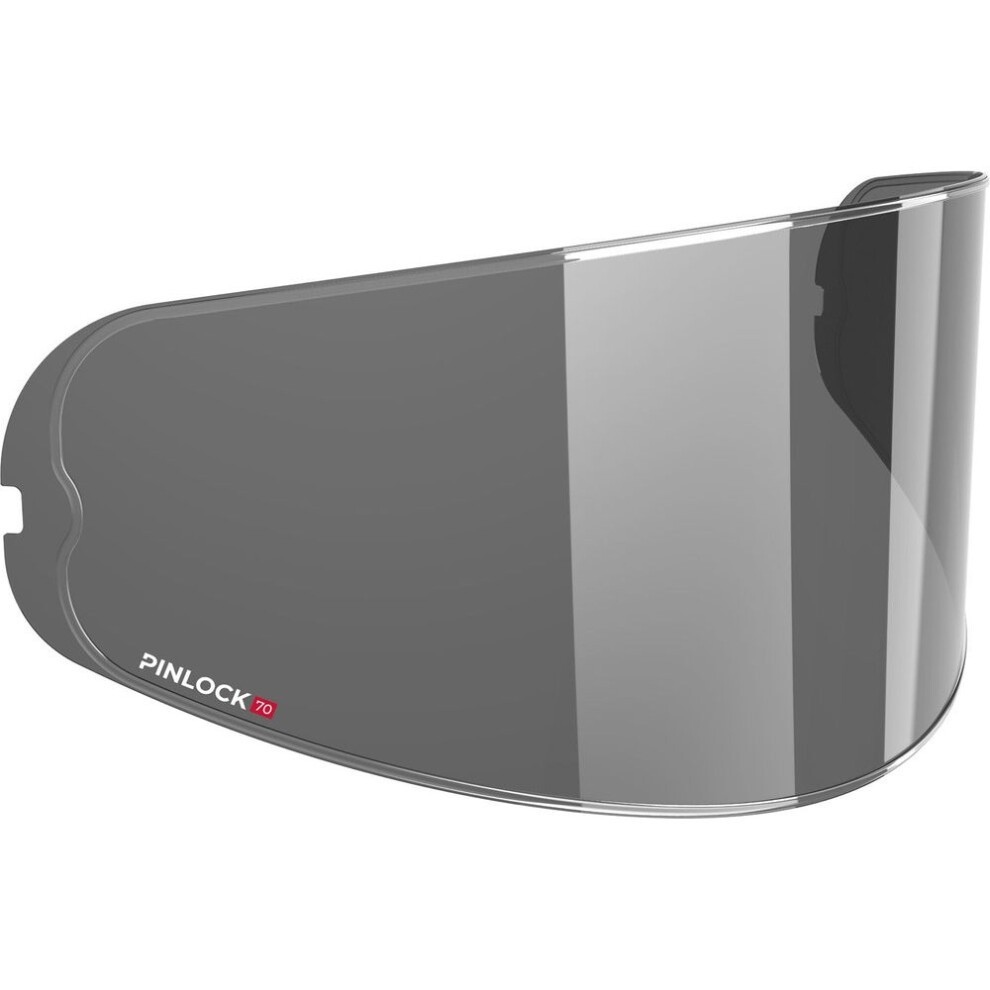 HJC Pinlock 70 MaxVision dark smoke lens, featuring a curved design, clear edges, and a red "PINLOCK 70" logo, designed for optimal visibility and fog resistance.