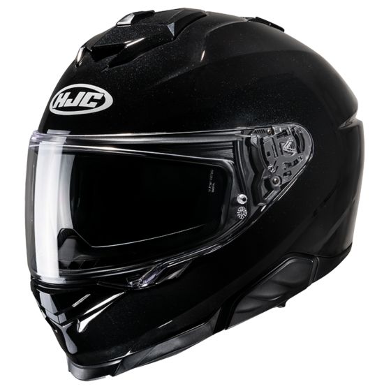 Black HJC I71 motorcycle helmet featuring a sleek design, a clear visor, and ventilation ports, made from durable materials for safety and comfort.