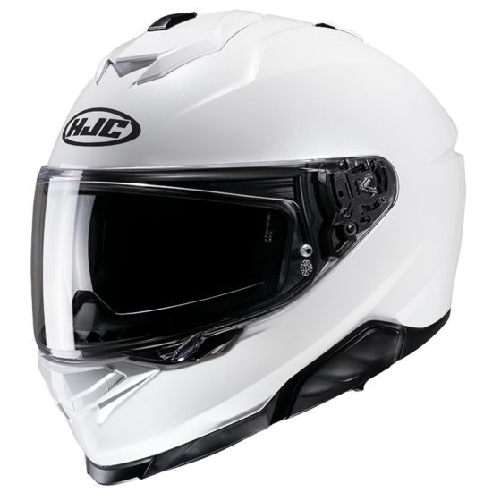 HJC I71 full face helmet in pearl white with a sleek aerodynamic design, clear visor, and ventilation ports for enhanced airflow.