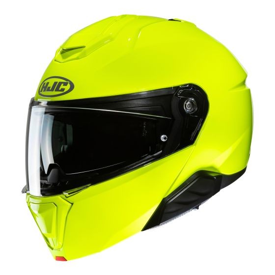 Bright fluo green HJC I91 flip front motorcycle helmet features a clear visor, black accents, and a sleek aerodynamic design, ideal for safety and style on the road.