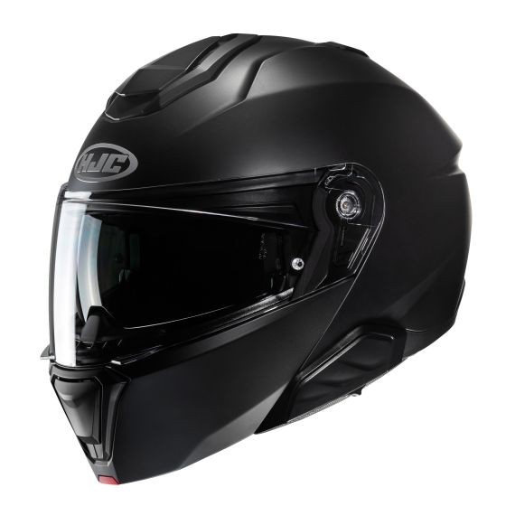 Matt black flip-up helmet by HJC, featuring a sleek aerodynamic design, tinted visor, and a comfortable interior, ideal for motorcycle riders seeking style and safety.