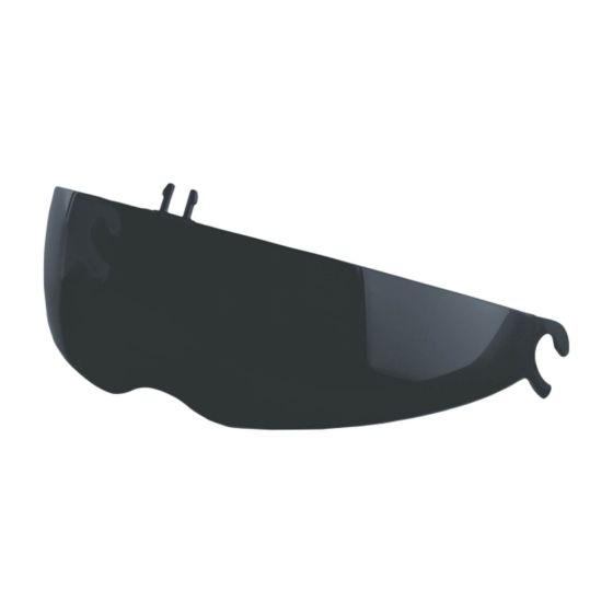 Dark smoke sun visor for HJC I40 helmets, featuring a sleek, curved design with two attachment points for secure fitting, made from durable, tinted plastic material.