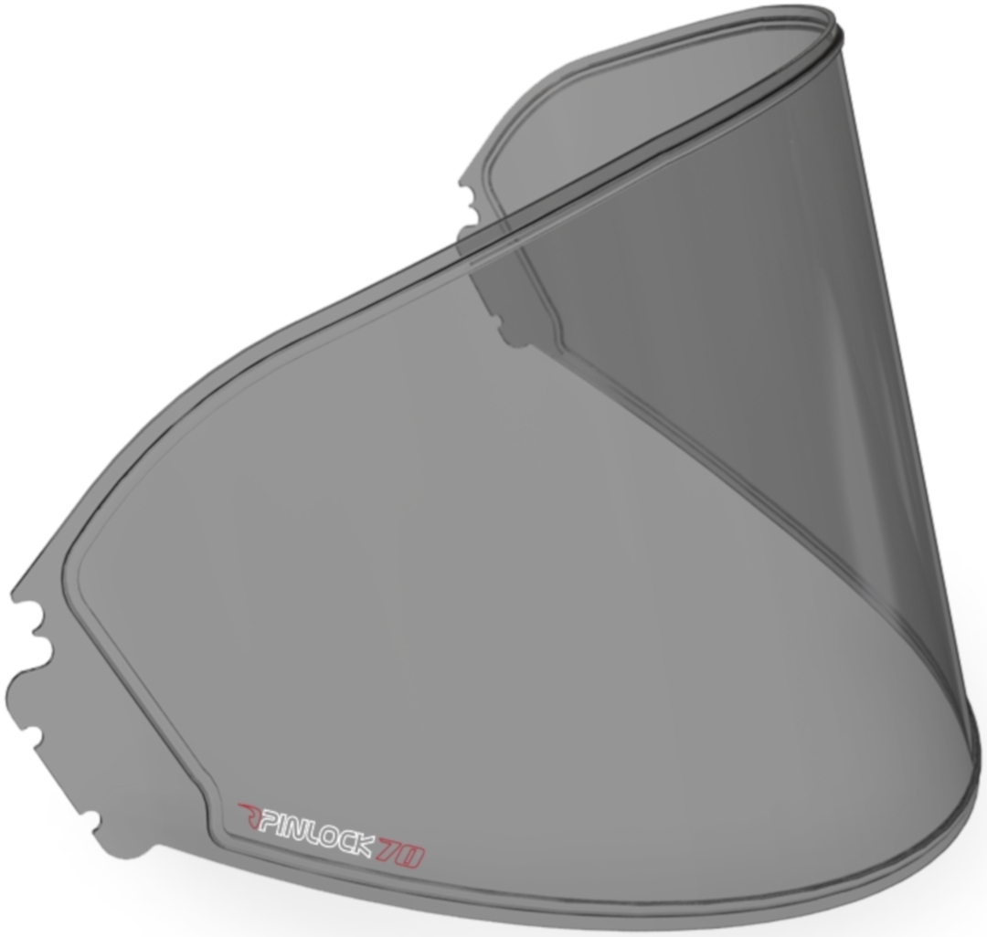 Dark smoke Pinlock lens insert designed for HJC CL-MAX2, CL-16, and IS-MAX helmets, featuring a curved shape and a red Pinlock logo on the lower edge.
