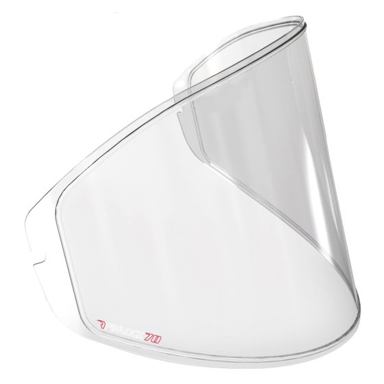 Clear HJC DKS290 Pinlock lens with a curved design, featuring a smooth surface and a small red logo, designed for optimal visibility and anti-fog performance for men.