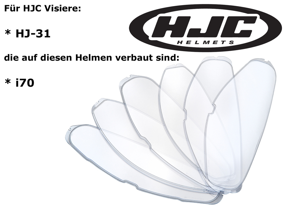 Clear Pinlock insert for HJC I70 helmets, featuring a transparent design with a smooth surface, designed to prevent fogging, displayed alongside the HJC logo and model details.
