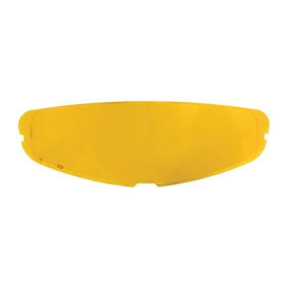 Yellow HJC DKS161 Pinlock insert designed for HJ-26 RPHA 11 visor, featuring a smooth, transparent surface with cutouts for easy installation.