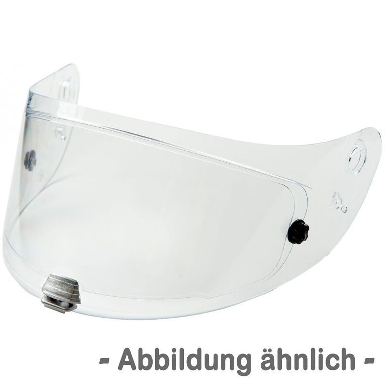 Clear HJC HJ-17R visor made of durable plastic, featuring a curved design, side mounting points, and a central locking mechanism for secure attachment to helmets.