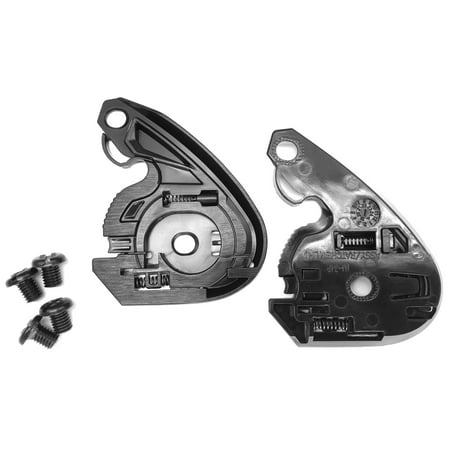 Black plastic pivot ratchet gear plate kit for HJC C10 helmet, featuring two components with intricate detailing and accompanying screws for installation.