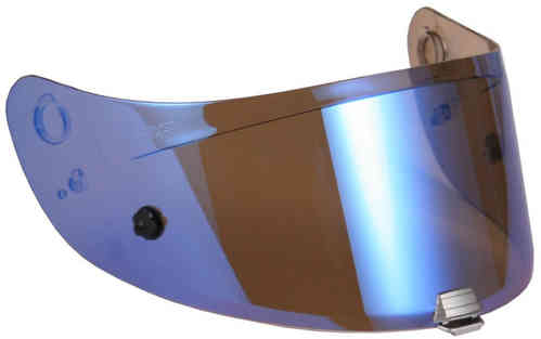 Blue HJC HJ-20M visor designed for men, featuring a sleek, curved shape, clear visibility, and mounting points for secure attachment to a helmet.