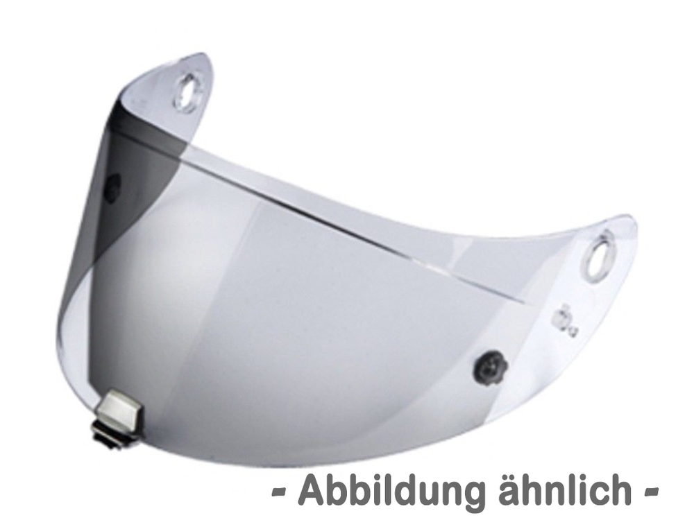 Clear, curved visor made of durable polycarbonate, featuring mounting holes for easy attachment, designed for HJC helmets.