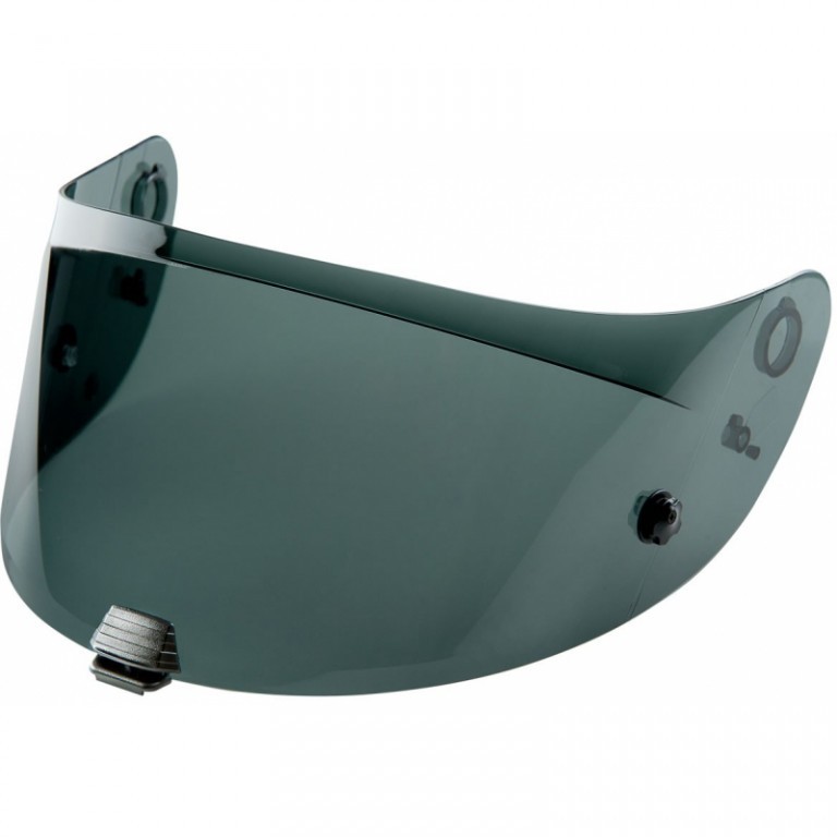 Dark smoke visor for HJC RPHA helmets, made of durable material with a sleek, curved design and mounting holes for easy attachment.
