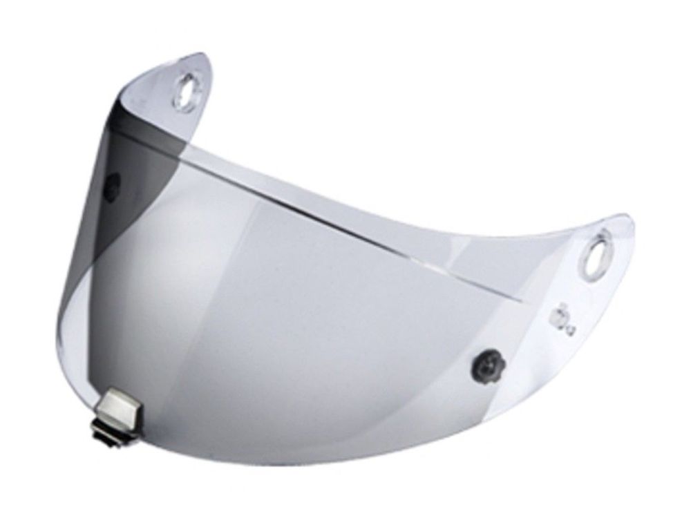 Iridium silver Pinlock visor designed for HJC RPHA helmets, featuring a sleek, curved shape with attachment points for secure fitting and anti-fog technology.